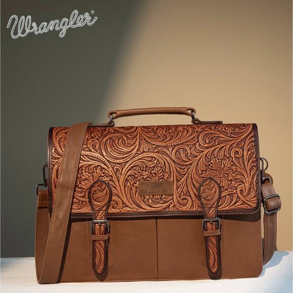 Wrangler Brown Genuine Leather Tooled Travel/Laptop/Messenger Bag *NEW Package* - Picture 1 of 7